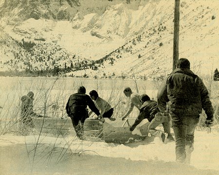 This rowboat was cut loose from the shore of Convict Lake during the early moments of the rescue.