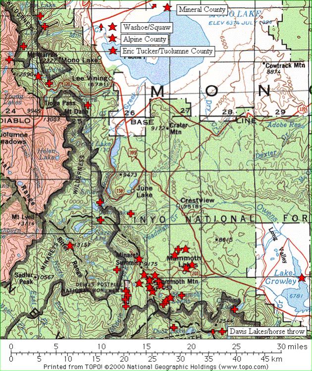 Map created by Jeff Holmquist showing the locations of most 2001 SAR Operations.  The 'stars' are searches and the 'Xs' are rescues