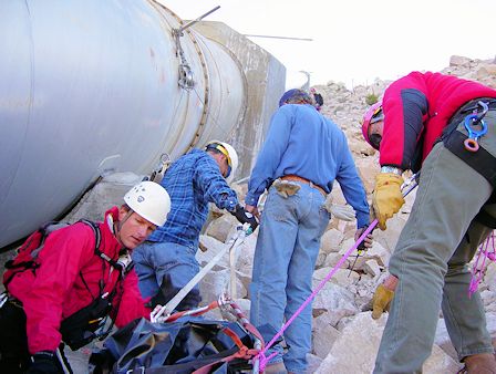 Team members and DWP personnel perform a low-angle raising in the Owens Gorge Team members and DWP personnel perform a low-angle raising in the Owens Gorge