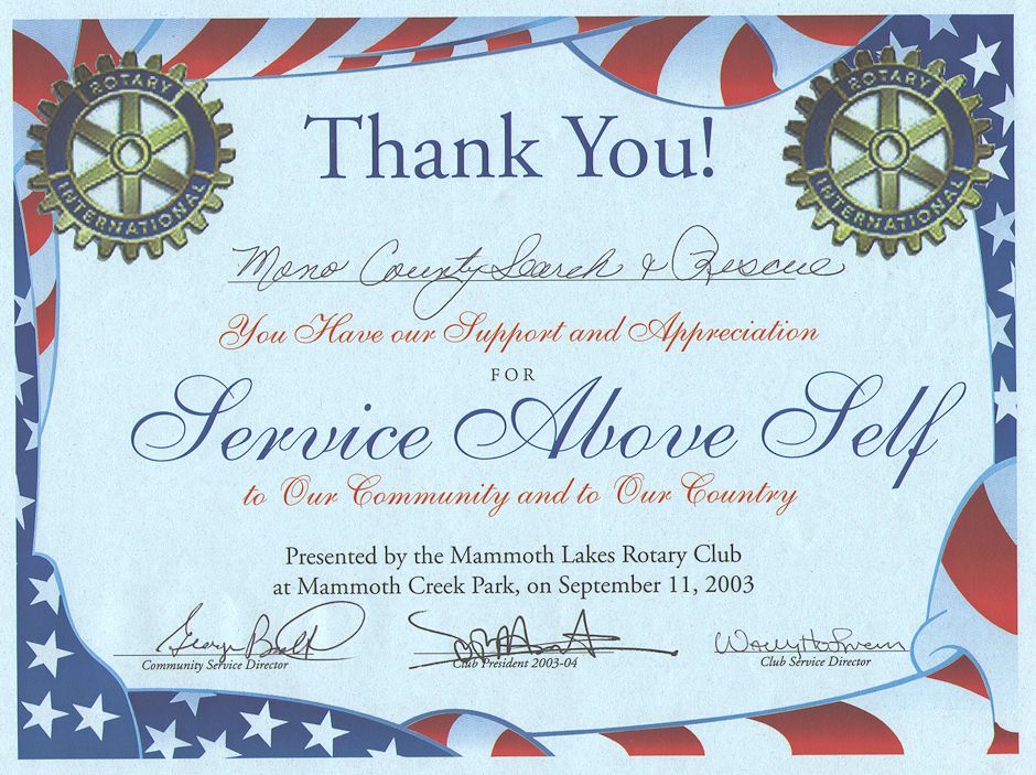 Mammoth Lakes Rotary Club Thank You Certificate Mammoth Lakes Rotary Club Thank You Certificate