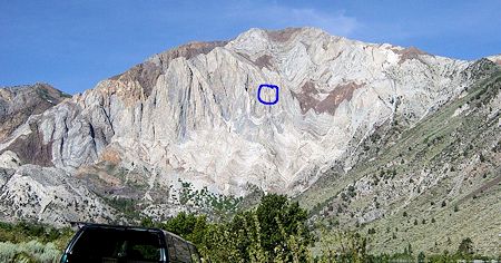 Blue circle marks victim's location on Laurel Mountain as seen from Convict Lake Blue circle marks victim's location on Laurel Mountain as seen from Convict Lake