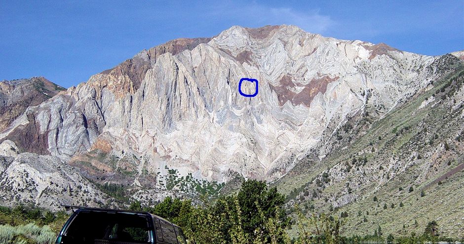 Blue circle marks victim's location on Laurel Mountain as seen from Convict Lake Blue circle marks victim's location on Laurel Mountain as seen from Convict Lake