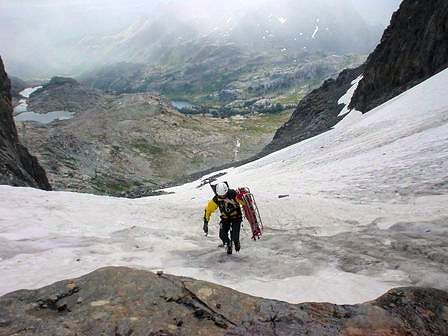Dragging the litter up the hill. Notice the rocks on the glacier. That's because lightning hit Ritter at 8 a.m.!