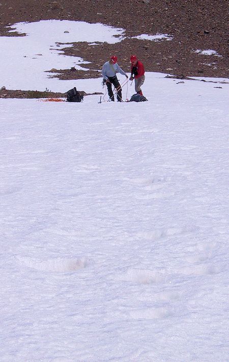 Looking down slope to the second belay site - JW Photo Looking down slope to the second belay site - JW Photo