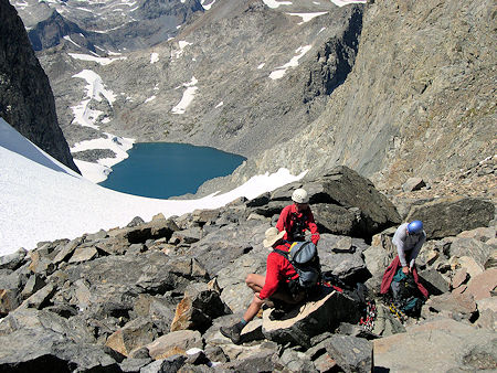 Looking down the northwest side of saddle at Lake Catherine Looking down the northwest side of saddle at Lake Catherine