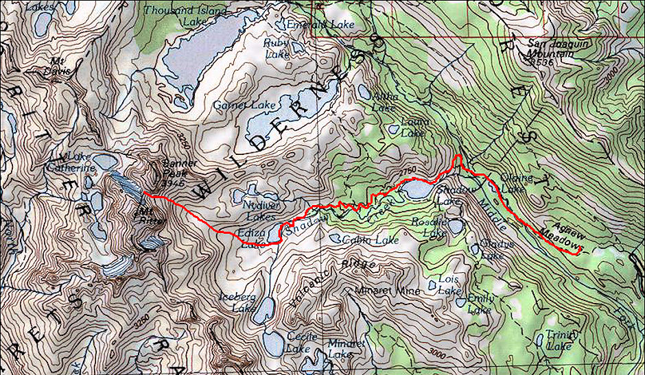 Route from Agnew Meadows to Banner Peak/Mt. Ritter saddle Route from Agnew Meadows to Banner Peak/Mt. Ritter saddle