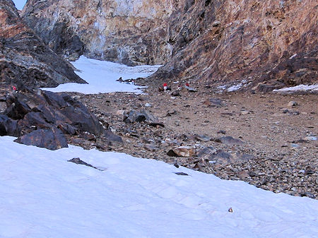 The route down over loose bolders to the snow slope The route down over loose bolders to the snow slope