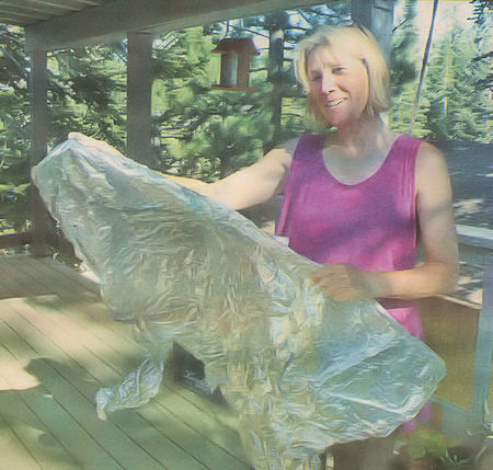 Val Ice shows off the emergency blanket that she says 'saved my life' - Erick Sugimura Mammoth Times Photo Val Ice shows off the emergency blanket that she says 'saved my life' - Erick Sugimura Mammoth Times Photo
