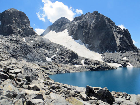 Banner Peak left, Mt. Ritter right over Catharine Lake from North Glacier Pass