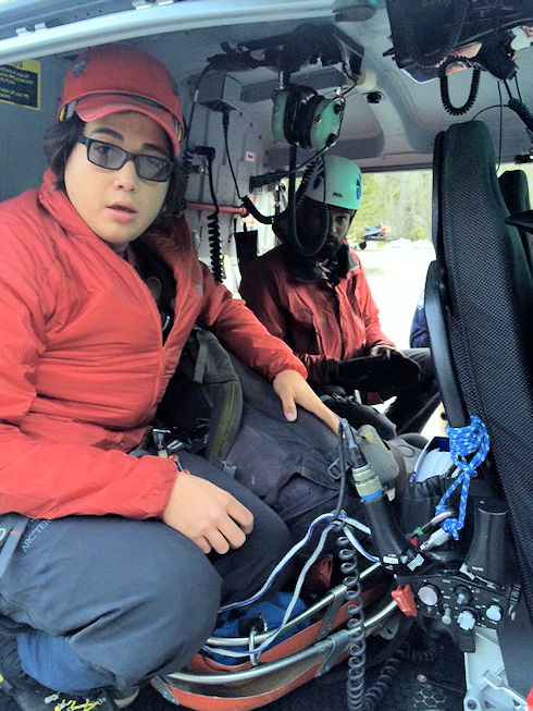 Natai Endo and Viren Perumal ready to go in H40 helicopter Natai Endo and Viren Perumal ready to go in H40 helicopter