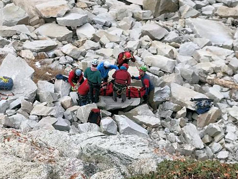 Ice climber placed in Bauman Bag brought by Mono County SAR team members that were inserted by H-40 preparing the victim for a hoist in challenging terrain. – (1/1/2018  Tanya Godinez)