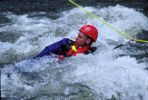 Pete DeGeorge practicing swift water techniques - Bill Greene Photo