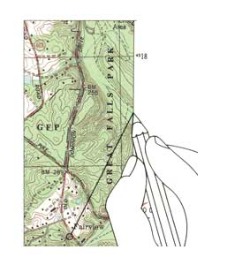 Showing a section of a topographic map and drawing a straight line from the point to the map edge