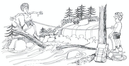 Stream crossing illustration by Bob Cram from Backpacking: One Step at a Time